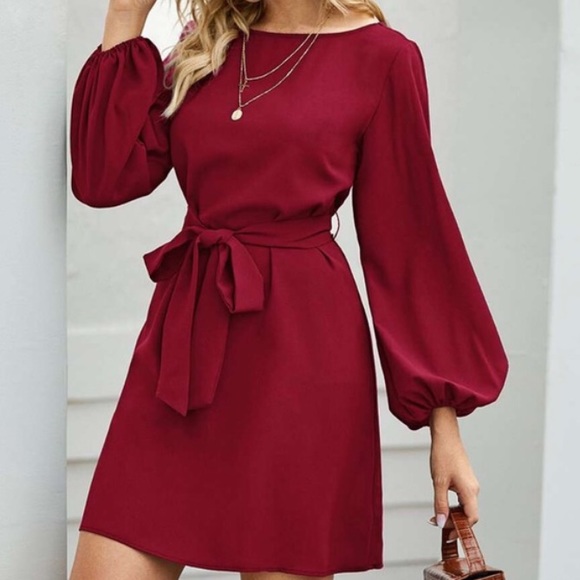 lantern long sleeve belted mini dress - Picture 4 of 14
